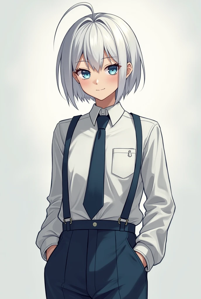 one girl, butler costume, boyish, cool, androgynous, white hair, light blue eyes, 14 years old, cute, trousers, sex, intercourse