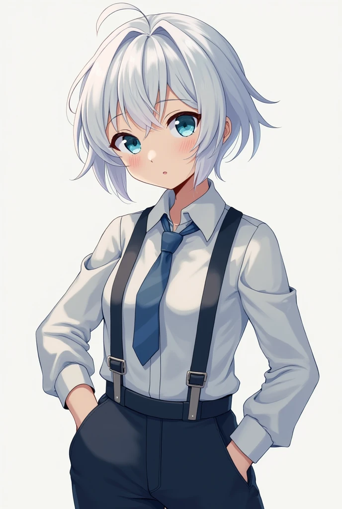 one girl, butler costume, boyish, cool, androgynous, white hair, light blue eyes, , cute, trousers, sex, intercourse