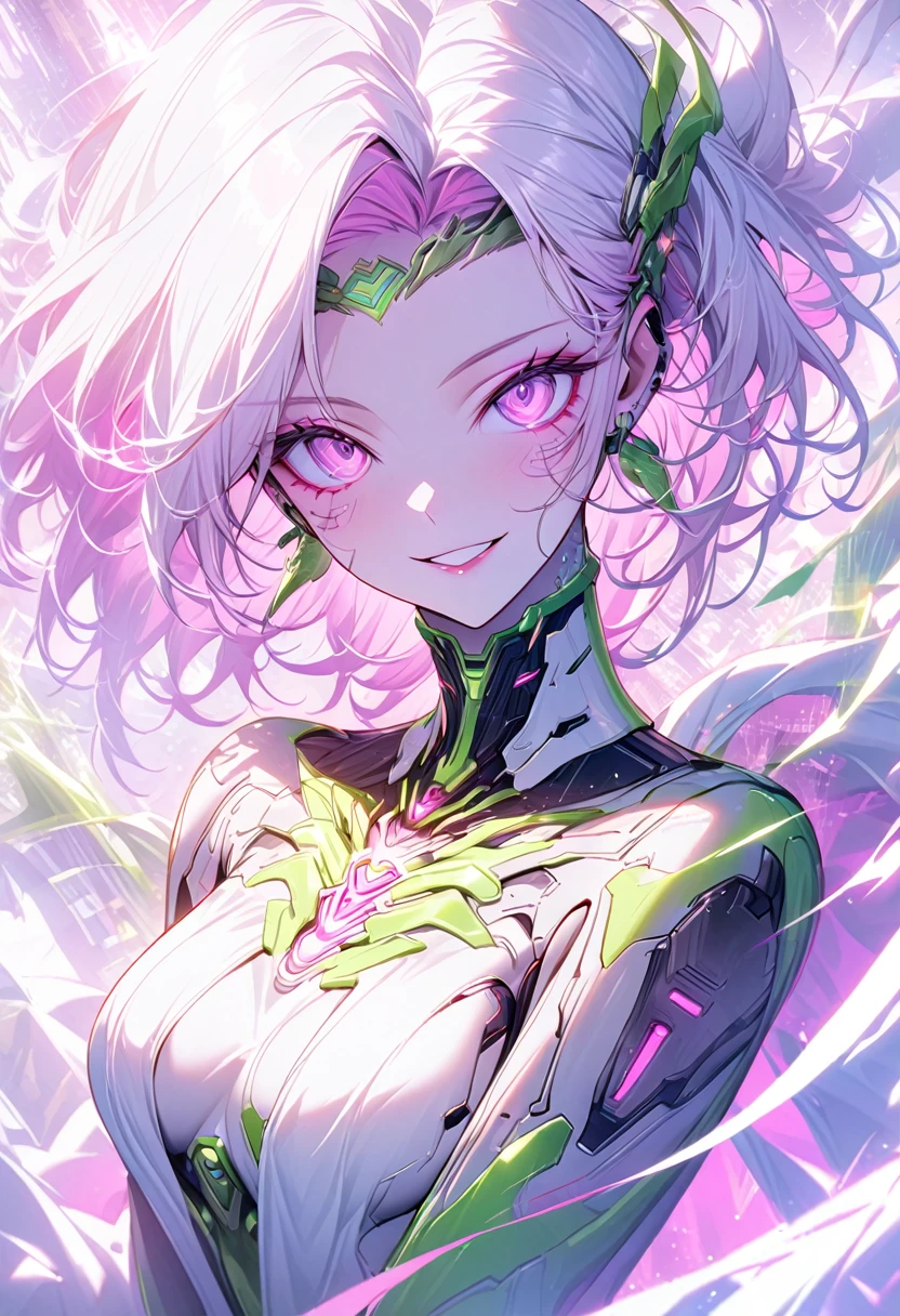 solo female, medium shot, pink hair, pink eyes, artificial intelligence shaped after the green goddess Aphrodite, cyberpunk, futuristic, eager smile, elegant simplicity, cyber space, white and silver and pink theme, romantic, mature beauty