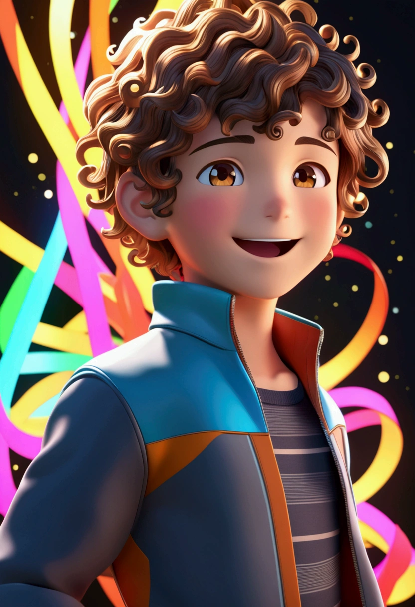 A 3d boy with short curly hair and happy