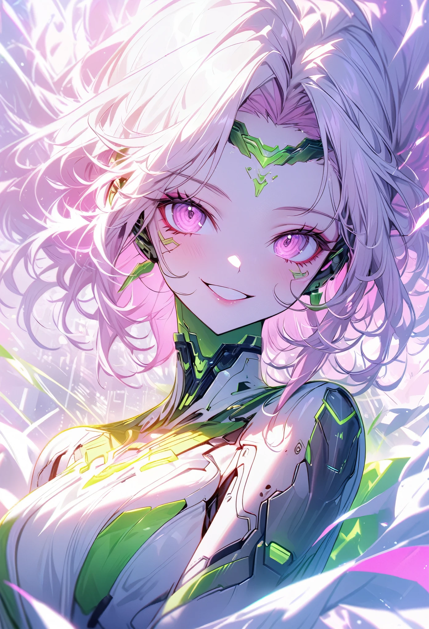 solo female, medium shot, pink hair, pink eyes, artificial intelligence shaped after the green goddess Aphrodite, cyberpunk, futuristic, eager smile, elegant simplicity, cyber space, white and silver and pink theme, romantic