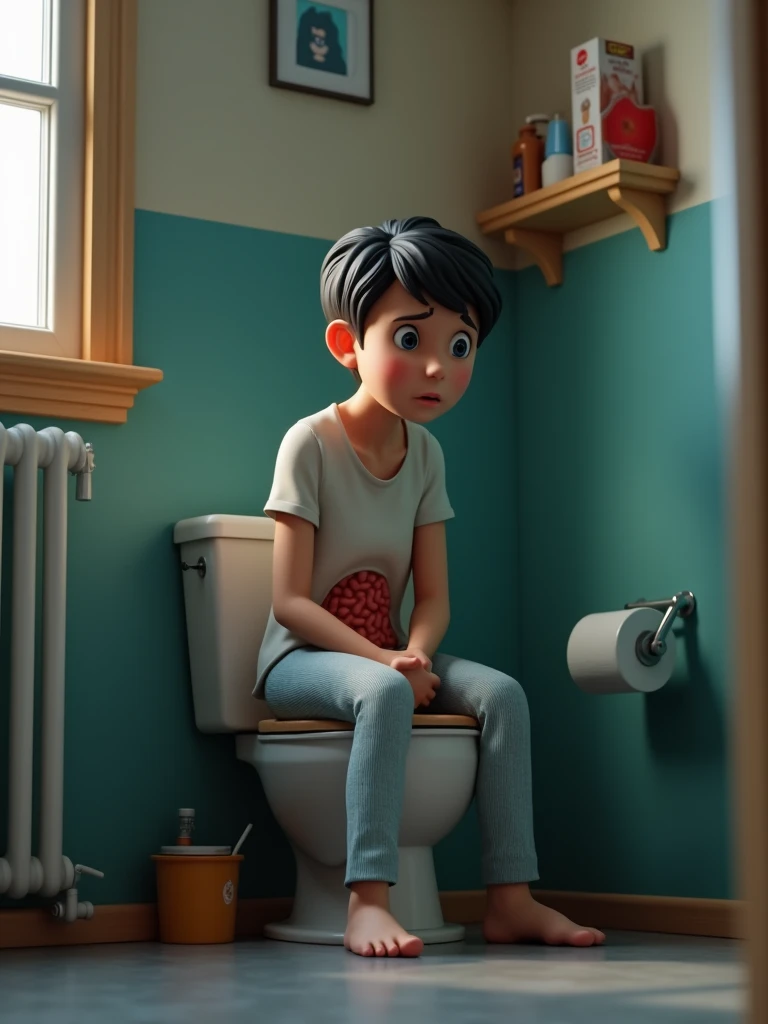 Digestive Problems: A 3D render that shows a person sitting in the bathroom with an expression of discomfort, symbolizing the problems to go to the bathroom due to stress. You can see a box of the drink envelopes on the nearby shelf. 9:16 ratio