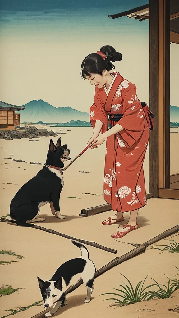 Even a dog will find a stick if it walks around、Ukiyo-e style
