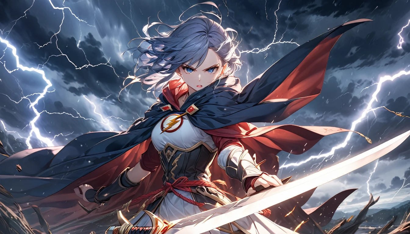 **183. One person。Battle in the storm。girl。Fantasy World。Cowboy shot or close-up。  
masterpiece, best quality, ultra detailed (Detailed fingers), (Emotional), (Breathtakingly beautiful),  
(main part: 1.2 Whole body。), (Anime Style), (Very detailed), (Brutal),  
(超High resolution, High resolution), (8k), (High resolution: 1.2), (Complex and beautiful: 1.2)**
- background: Storm-ravaged wilderness、Sky with lightning。
- Swordsman: Long cape fluttering、Holding a sword in the storm。
-pose: With Lightning at My Back、The moment he powerfully swung his sword down。
-expression: A look of intense determination and anger、Not giving in to the fierceness of the storm。
- Effects: The flash of lightning as it touches the sword and the winds of the storm create a sense of intensity in the battle.。
-color: Dark sky blue and lightning white、Contrast reflects the power of the storm。
