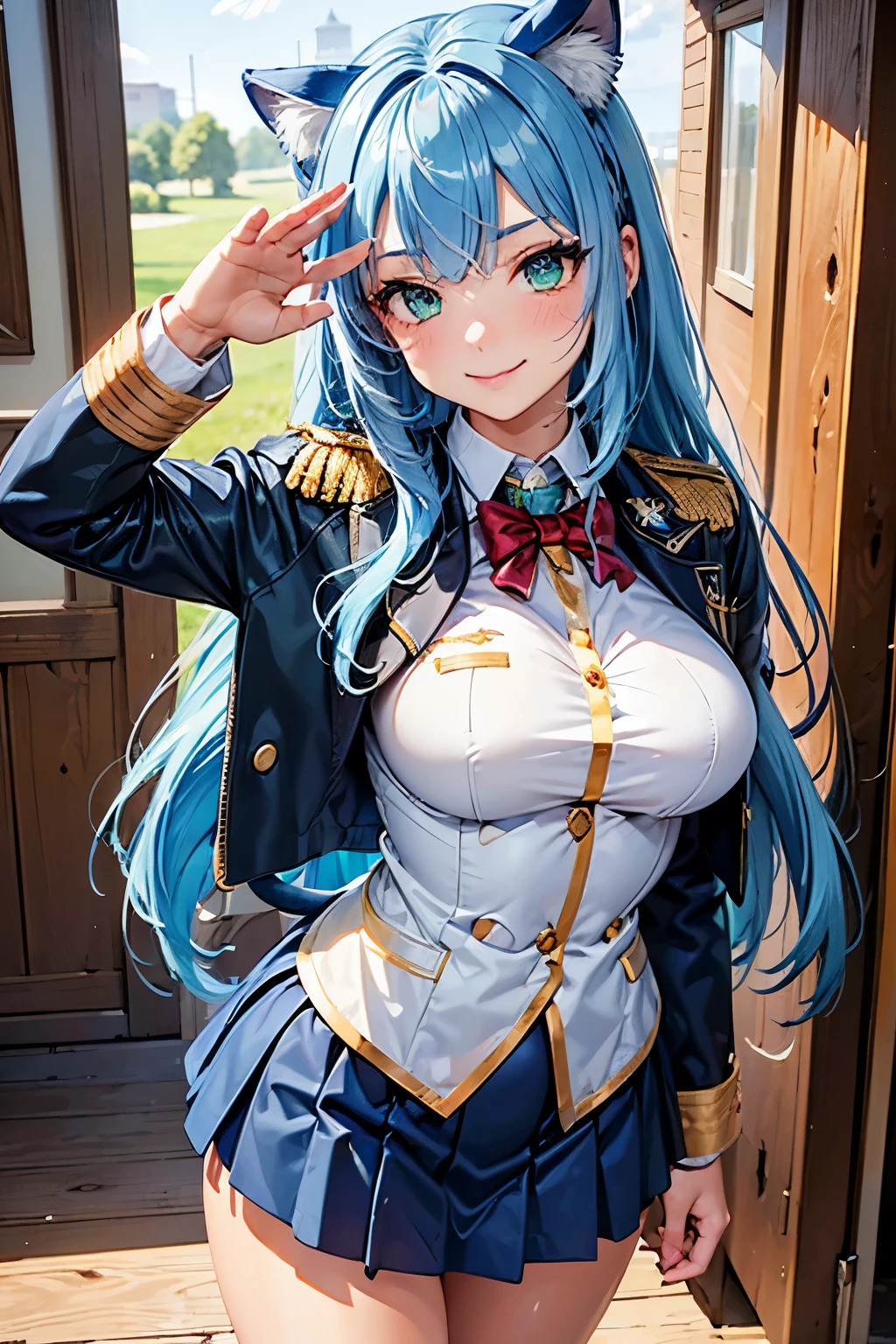 best quality, (masterpiece:1.3), absurdres, highres,16k, ultra high res, official art, illustration, extremely detailed, 1girl, solo, 
delicate lines tailed face, (long hair:1.1), (side swept bangs:1.5), (cat girl), cat tail, (beautiful light blue hair:1.2), (shiny hair:1.2), (beautiful green eyes:1.2), (shiny eyes:1.2), (droopy eyes:1.3), (medium breasts), (gleaming skin:1.4),
(cowboy shot:1.5), 
standing, forced smile, salute
(military uniform:1.5), skirt,
military house,
