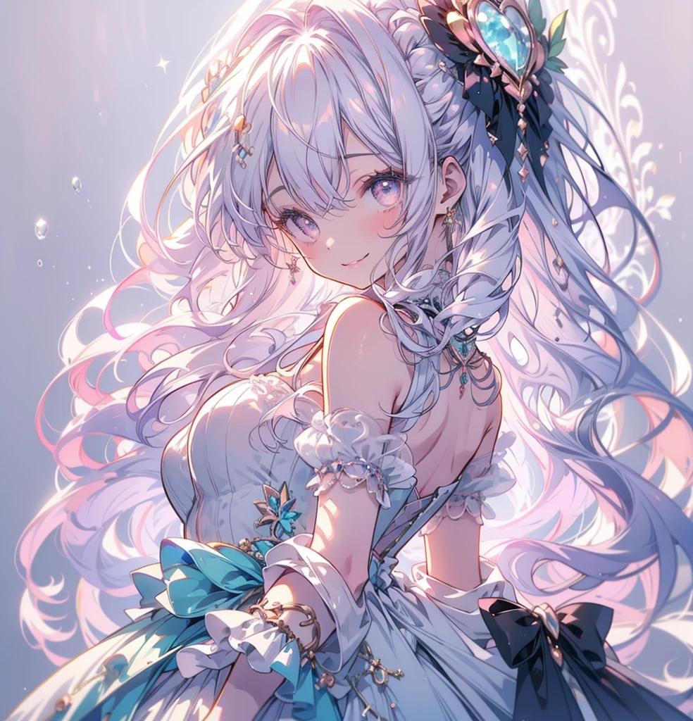 Hatsune miku(masterpiece,Highest quality, Very detailed, beautiful, Exquisite, 16K, Full HD), ((smile,Happy:1.5)),get up,((Frills, Sparkling fluffy layered ball gown)), (Wavy Hair,Fluffy hair),(White skin,lavender eyes, Long eyelashes, Big eyes,Pale pink cheeks), (pastel colour,Fantasy art:1.2), (White Background:1.8),Facing forward,Upper Body,The body is facing forward.