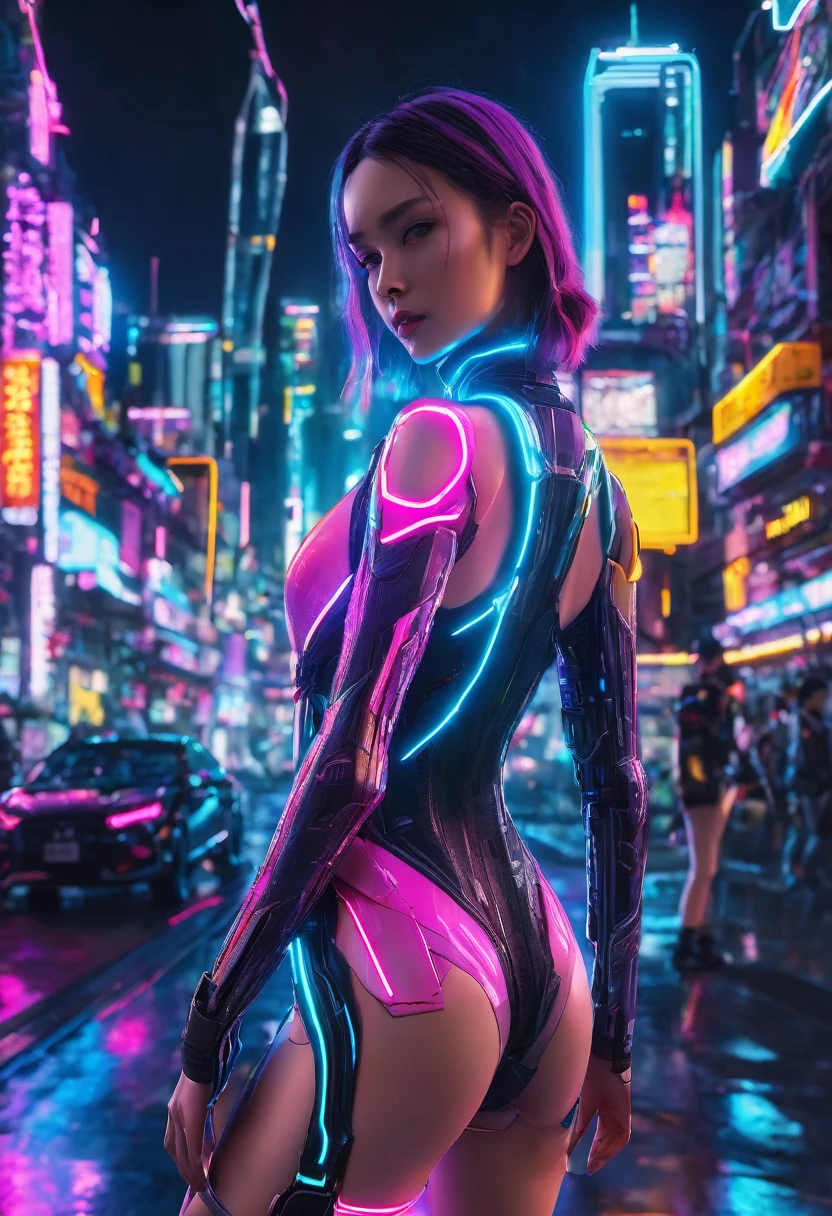 High resolution、８ｋ、One beautiful girl、Russian、Future World、Cyberpunk City、Bodysuits、Colorful glowing neon、