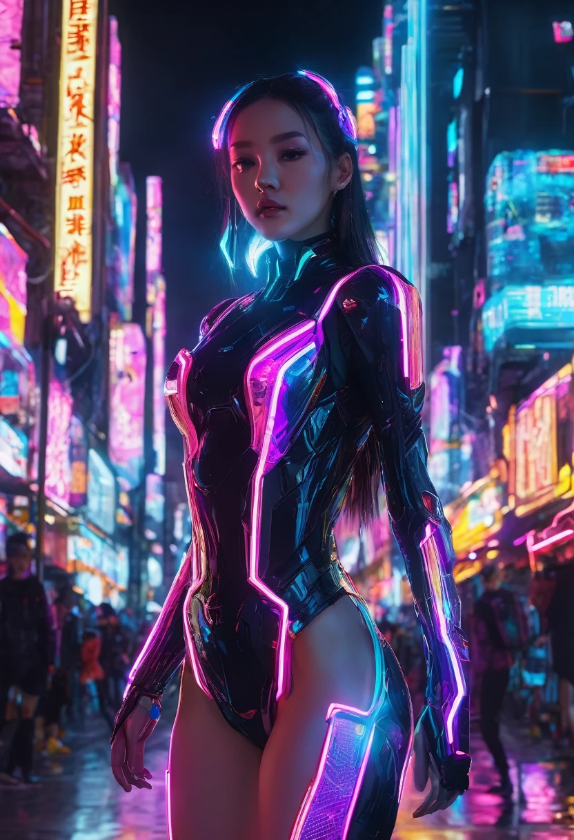 High resolution、8k、One beautiful girl、Russian、Future World、Cyberpunk City、Bodysuits、Colorful glowing neon、