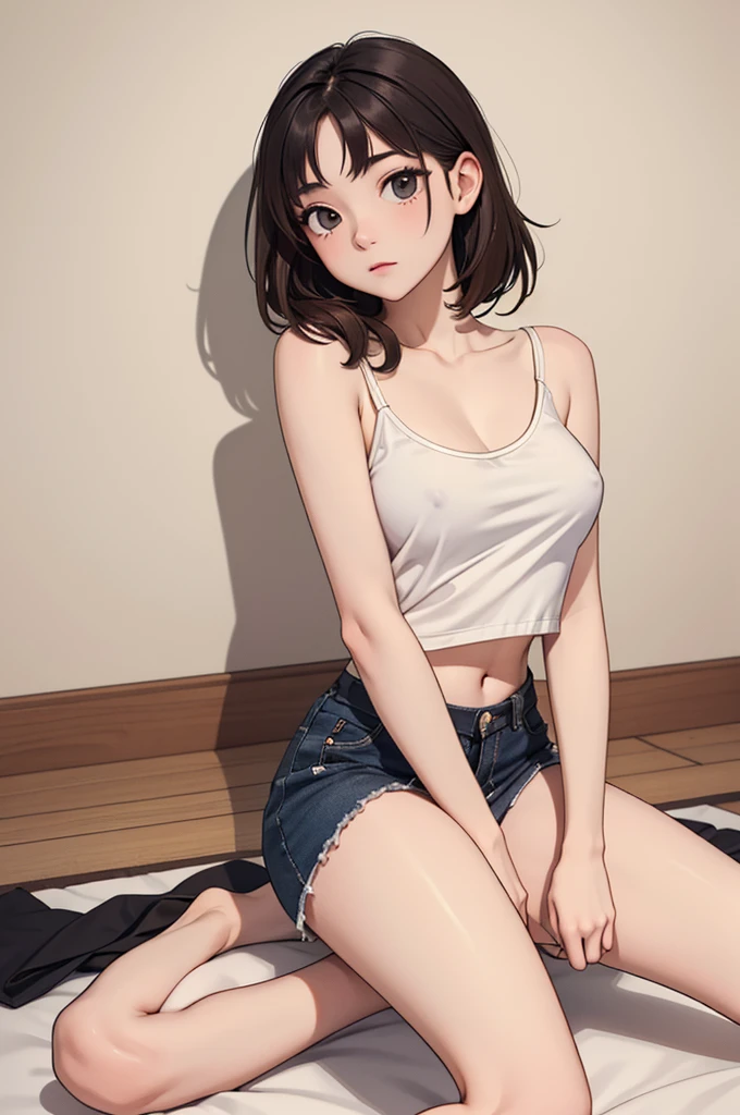 (((masterpiece, best quality, ultra highres, 1 girl, solo, no background))), super detailed skin and face and eyes and finger, beautiful japanese woman, small breasts:1.5, skinny, light brown hair, very short pixie hair, knee shot, white background, outline, anime, 2d, boyish, expressionless, cartoon, navel, Protruding nipples, thong, i.e. female genitals visible through tight clothing, M legs, camisole, thong,