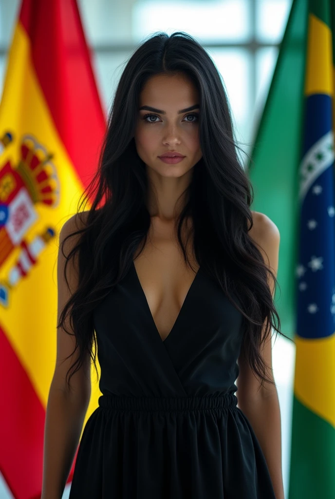 A black-haired one with hair down to her armpits, She is in an airport area and looks at us with the flags of Spain and Brazil