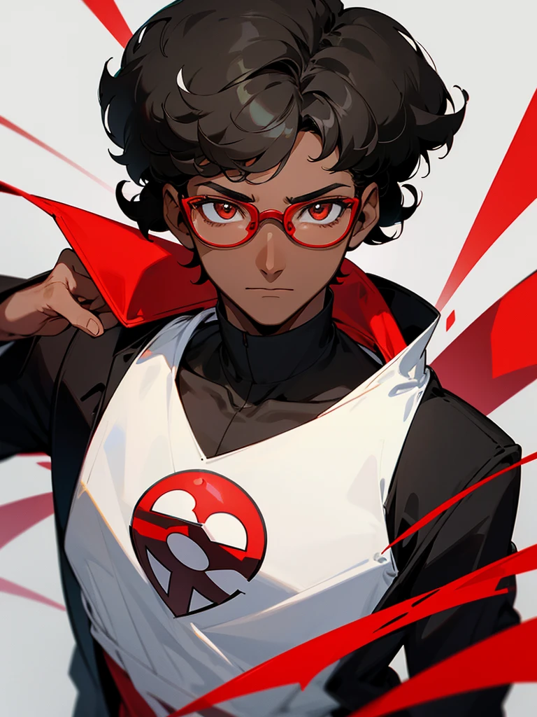 Image of a dark-skinned boy with short black curly hair, with glasses, wearing a red shirt and a black jacket with white lines, with design based on the style of a pokemon trainer.