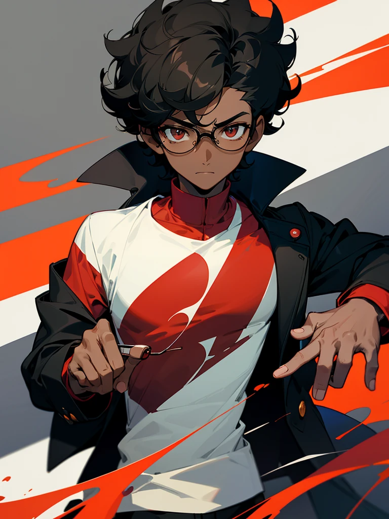 Image of a dark-skinned boy with short black curly hair, with glasses, wearing a red shirt and a black jacket with white lines, with design based on the style of a pokemon trainer.