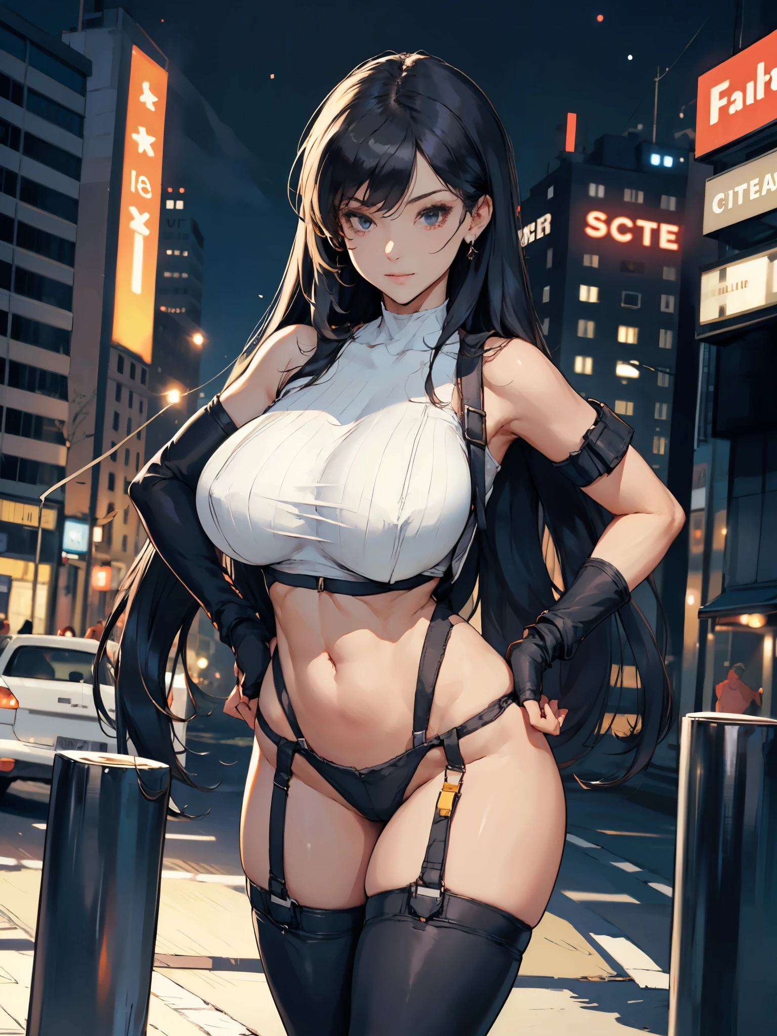 1girl, standing, hand on hip, (white crop top:1.2), gigantic breasts, arm guards, fingerless gloves, suspenders, highleg thong, black thighhighs, (strap gap:1.2), detailed face, looking at viewer, long black hair, side bangs, city at night,