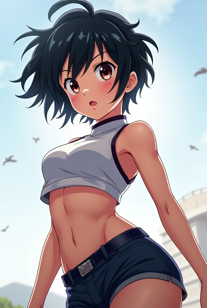 (uma bela obra de arte) Arte Kasuga, with the navel on display, barriga de fora, Seios enormes, usando um biquini xadrez, coxas sensuais, na beira da praia.