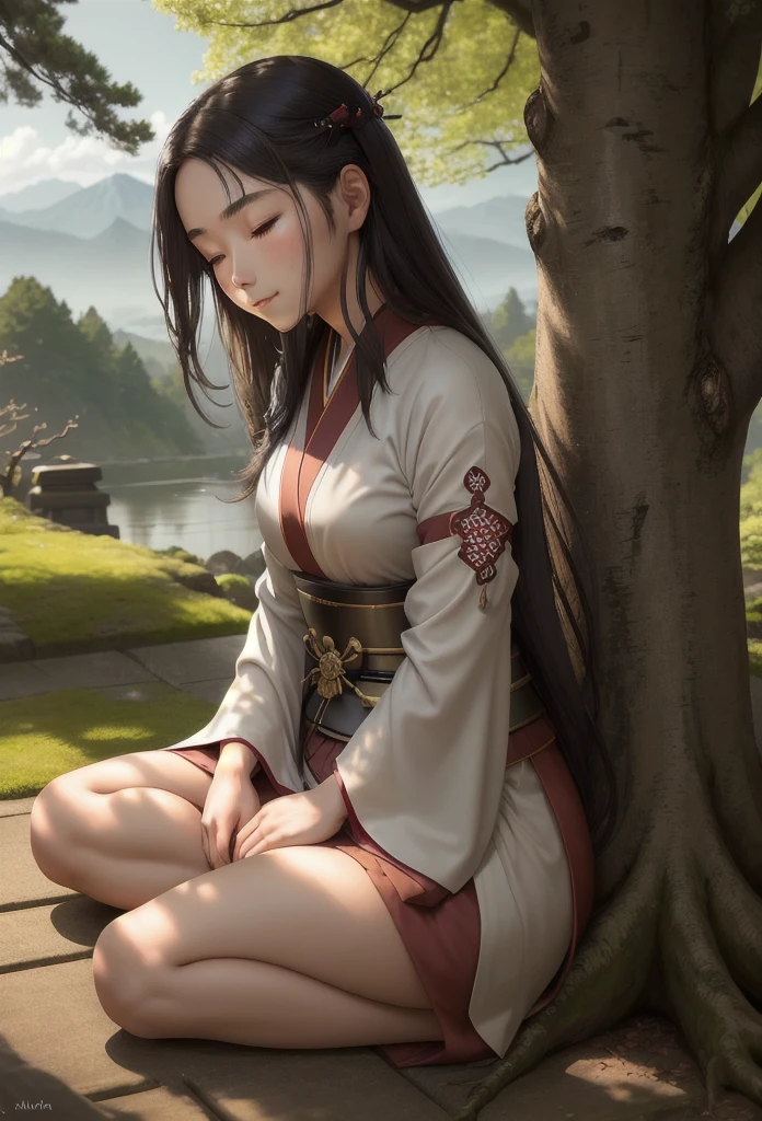 Create a serene scene featuring a 17-year-old female samurai meditating under a large, ancient tree. She has long, dark hair that flows gently down her back, perfectly still as she sits in a calm, cross-legged position. Her face is youthful yet wise, showing a peaceful expression with closed eyes and a slight, serene smile. She wears traditional samurai robes in deep, earthy tones, with subtle yet intricate patterns that reflect her noble heritage. Her katana rests beside her, its blade sheathed, symbolizing her balance between strength and tranquility. The tree above her is majestic, with thick, twisted roots and a canopy of lush green leaves that filter soft, dappled sunlight onto the ground around her. The surrounding environment is quiet and natural, with a few scattered cherry blossoms and a distant view of mountains, creating a perfect setting for her meditation