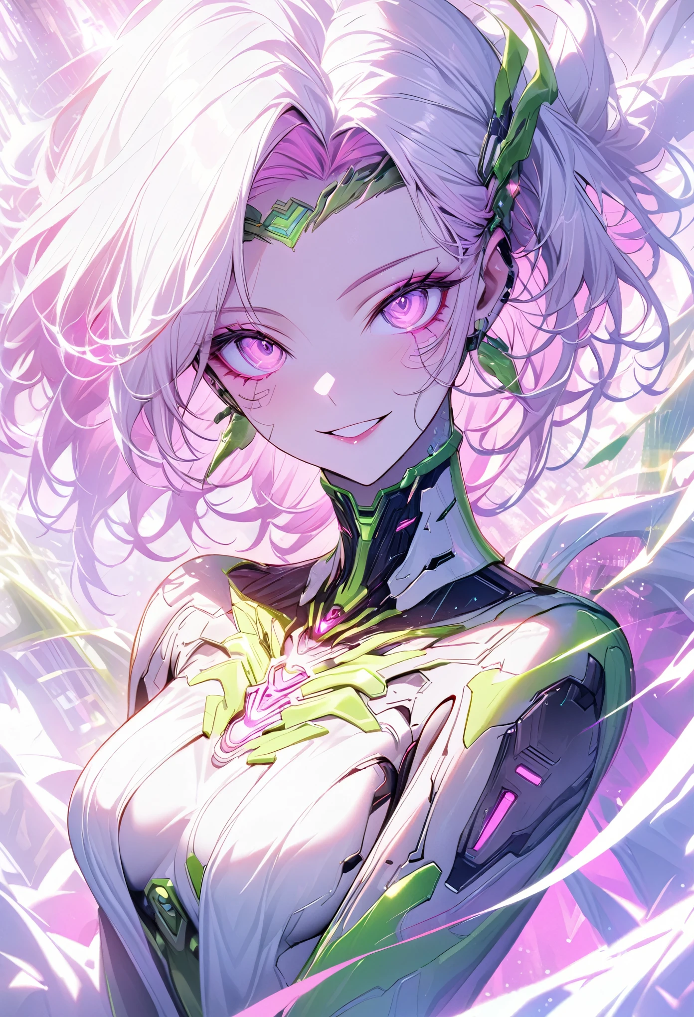 solo female, medium shot, pink hair, pink eyes, artificial intelligence shaped after the green goddess Aphrodite, cyberpunk, futuristic, eager smile, elegant simplicity, cyber space, white and silver and pink theme, romantic, mature beauty