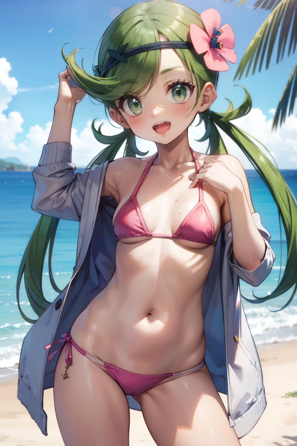 (Masterpiece), Best Quality, ultra-detailed, 1girl (zodiac_mallow, lovely small breasts, dark skin, green hair, long hair, twintails, headband, pink flower in hair, green eyes), a bright face,  smile, open mouth, solo, green  parkas, pink  bikini, frill bikini, outdoors, beach, standing, Sexy waist teasing , posing, a sexy pose 