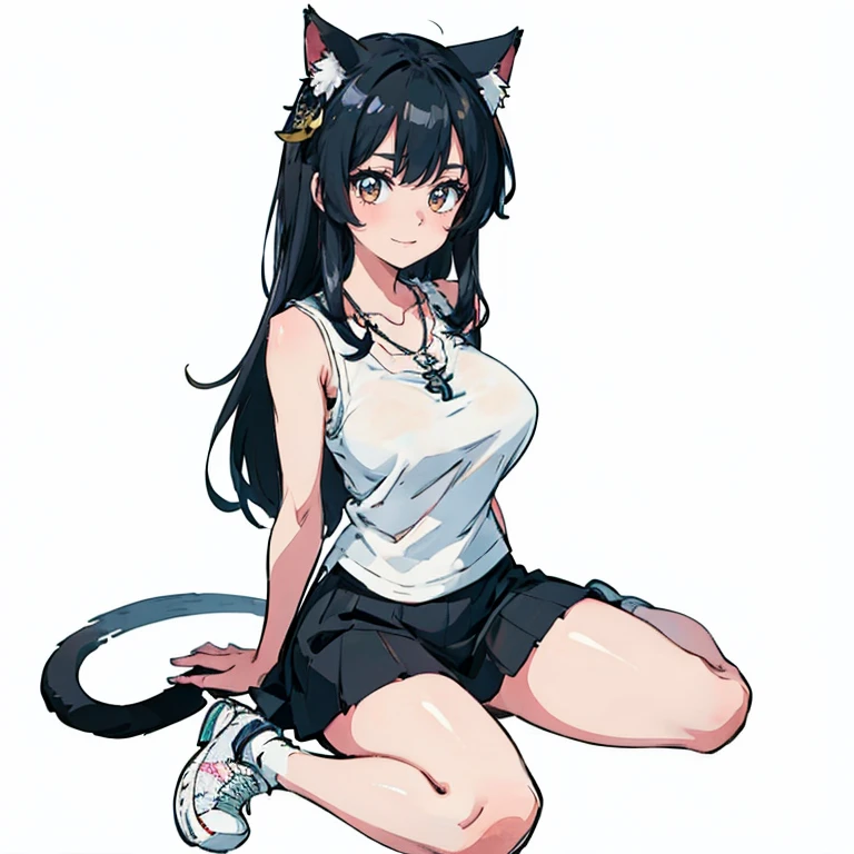 Anime Kawaii sexy Perfect Slim sensual body large breast and huge thighs, An intricate and highly detailed illustration of anime (Young girl) Top view, flirtatious look, sweet smile, right hand arranging her hair, black hair, long, cat ears, silver eyes, defined body, SEX, athletic, casual clothes, sleeveless shirt, white, black skirt, dresser, sitting on the grass, Sunset, view of the town, Comfortable shoes, rattlesnake necklace , hair ornament, colorful, Hi-Def, ultra high quality, anime.