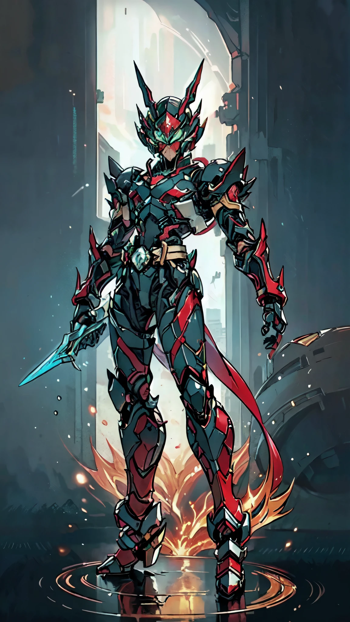(masterpiece:1.5, best quality:1.5, extremely delicate:1.5), a man wearing a full-face helmet, a fantasy-style biotech armored combat suit, green eyes, (a composite layered chest armor), fully enclosed shoulder guards, matching arm and leg guards, belt of Neon circuit, (the color scheme is primarily blue with red and black accents), the design balances heavy with agility, a high-tech bio-mecha armor, (Armor Concept Inspired by neon Cyberpunk, stand on the top of a skyscraper in a futuristic sci-fi city), this character embodies a finely crafted fantasy-surreal style armored hero in anime style, exquisite and mature manga art style, (element, plasma, energy, the armor glows), ((male:1.5)), metallic, high definition, highres, ultra-detailed, ultra-fine painting, professional, perfect body proportions, golden ratio, anatomically correct, symmetrical face, extremely detailed eyes and face, high quality eyes, creativity, RAW photo, UHD, 32k, Natural light, cinematic lighting, masterpiece-anatomy-perfect