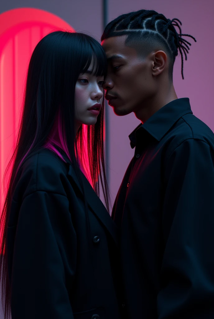 e-girl with a black coat, straight hair with a few strands of hair dyed a little pink, a little towards red, with the rest of her hair black, a little of that color on the bangs, and a dark-skinned man with short hair shaved on the side, with a thick cord, with a black blouse