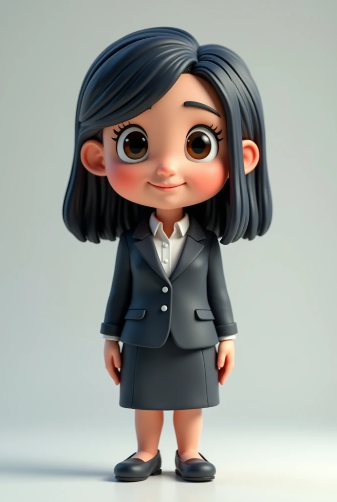 3d cartoon of a woman, short, straight and black hair, black eyes, looking forward wearing formal clothes