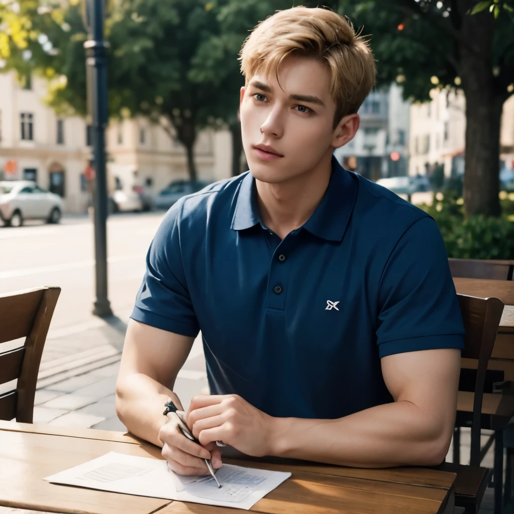 a caucasian man with short blond hair, wearing a blue polo shirt and khaki pants, sitting at a table at an outdoor cafe on a sunny day, detailed face, high quality, photorealistic, studio lighting, cinematic lighting, depth of field, vibrant colors, warm tones