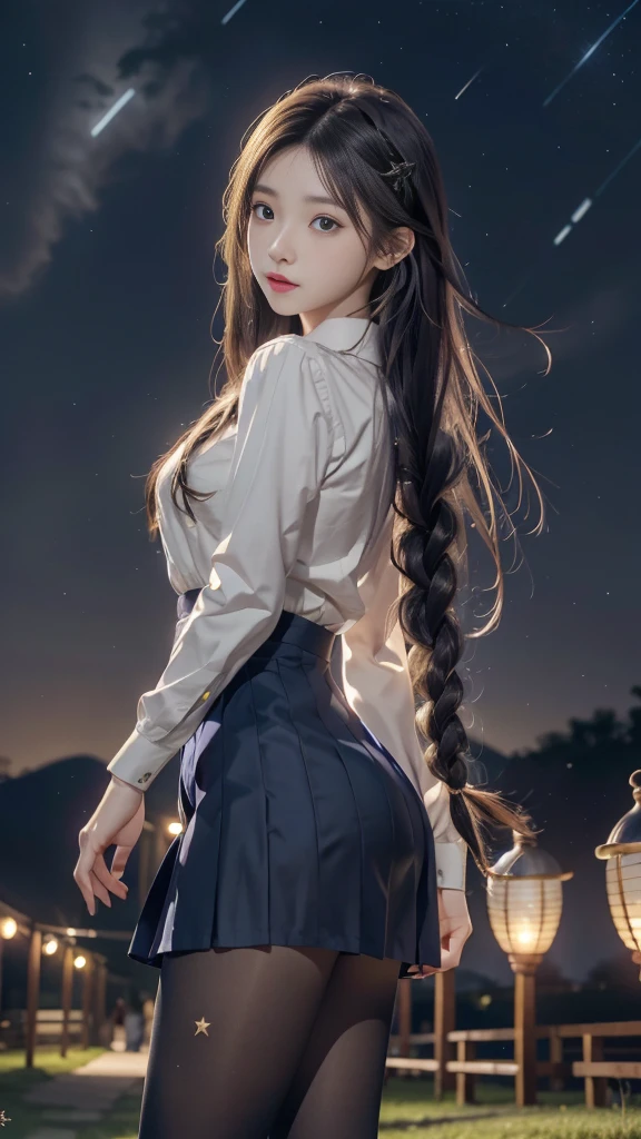 1 Brunette girl with long braid hair,roupa de colegial transparente, ((roupa molhada)), agachada, camera angle from bottom to top,corpo molhado,em uma cidade a noite neon,((foto 8k detalhado))