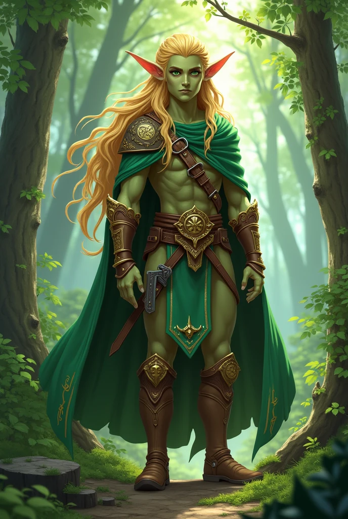 
Aric is an elf of average height with light green skin and long, golden hair.. He wears light leather armor., adorned with symbols of nature and a green cloak that blends into the forest environment. His eyes are a deep green, reflecting his connection with nature he is a character in 2D game format

