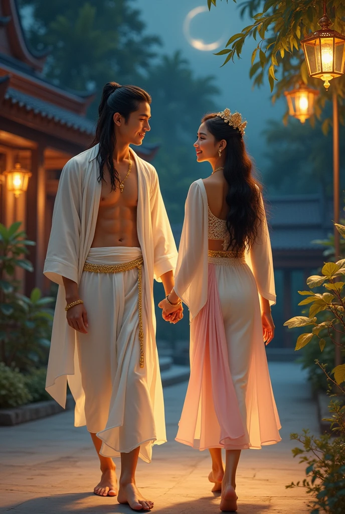 full lenght, full-body picture of a young man with long black hair, handsome face, tall and well-proportioned, with long black hair tied loosely, wearing a traditional white Thai costume, a white loincloth with gold sparkles, looking at each other, a young woman with long black hair, beautiful, wearing a white and pink gold Thai costume, wearing a small beautiful crown, walking, holding hands, smiling at each other, with a beautiful Thai house in the background, night light shining down, 3D oil painting, full-body picture, clear picture, full body, from a distance