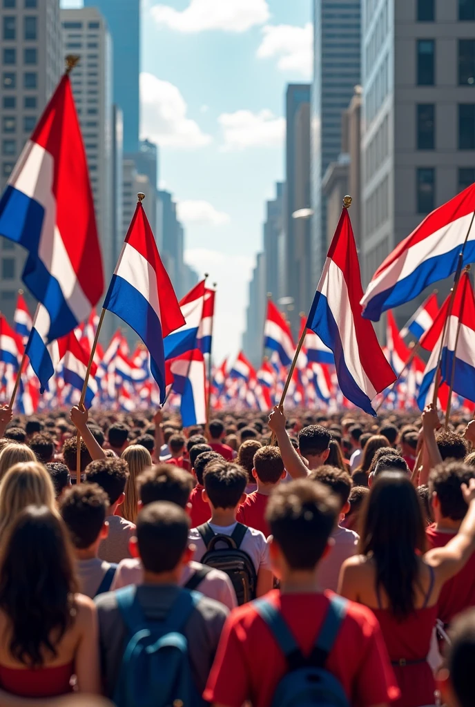 Crowd of people marking with flags of the Republic of Paraguay 