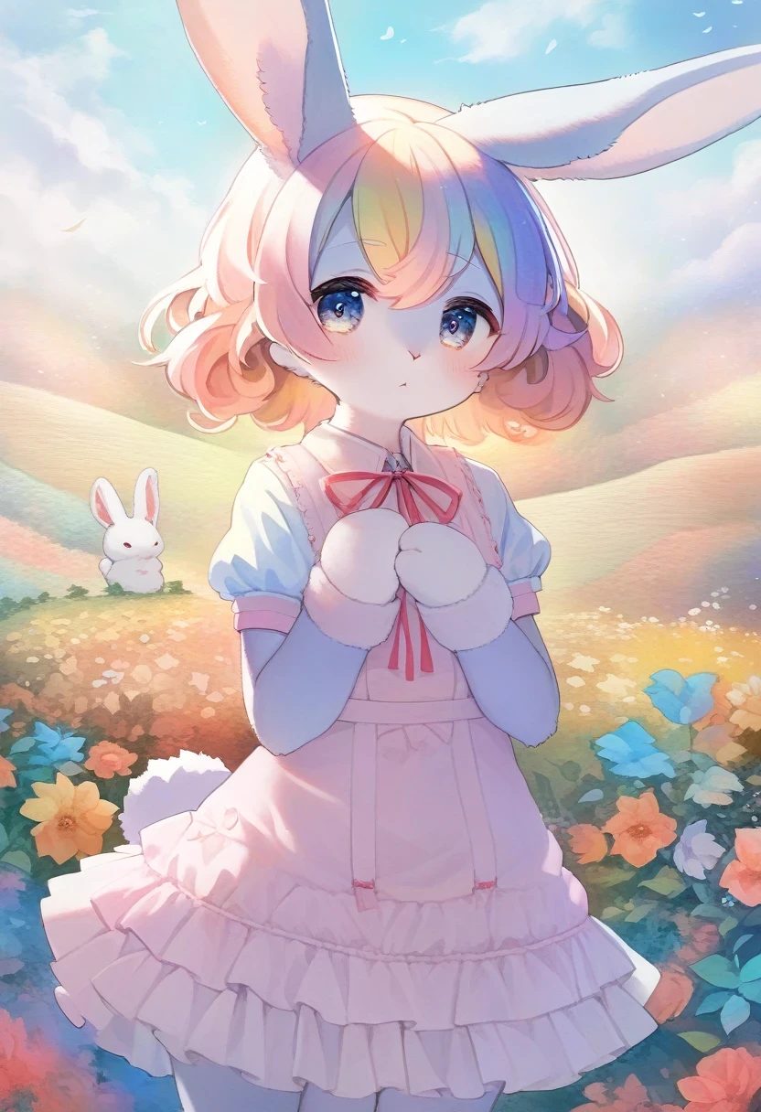 ((Masterpiece)), ((Best Quality)), (Very Detailed), ((Very Detailed)), 4K, (8K), very aesthetic, absurdres highres, 1 girl, (anthropomorphic Rabbit, furry, kemono:1.5), Amidst a field of bright flowers, a woman with a colorful hairstyle is posing in a dreamlike atmosphere, wearing colorful clothes with energetic designs. The fine details of hairstyles and clothing stand out. The background has a soft touch reminiscent of a watercolor painting, and the women's clothing incorporates elements of cubism.
