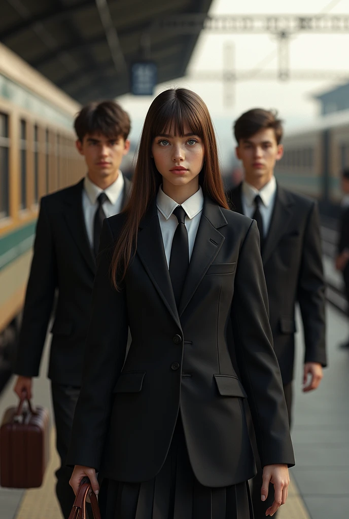 Image of a girl of Spanish origin (ultra realistic 1.4k) low, light eyes, 19 year old brown straight hair, Black school uniform with tie, Blazer y falda collegial. A boy next to the girl in a black uniform, black pantaloon. looking at the girl out of the corner of her eye.In the background a train with suitcases and a 20-year-old boy on the side, tall with black school uniform (movie image) 3K realistic image Face of Spain