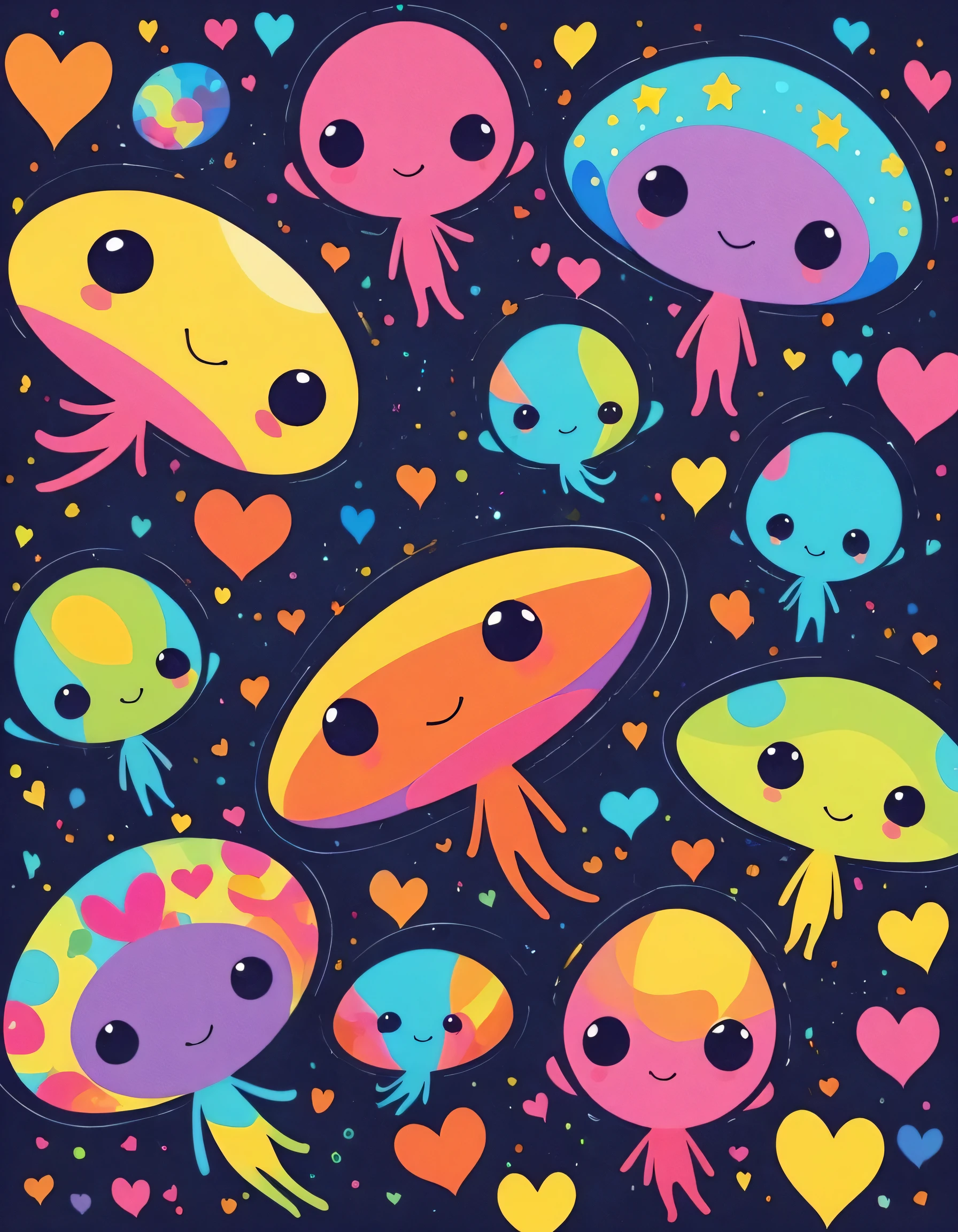 Black Star colorful style, Simple Line Initialism，Abstract art, girls, colorful hearts, funny design, (((Cute Aliens))), The background is space