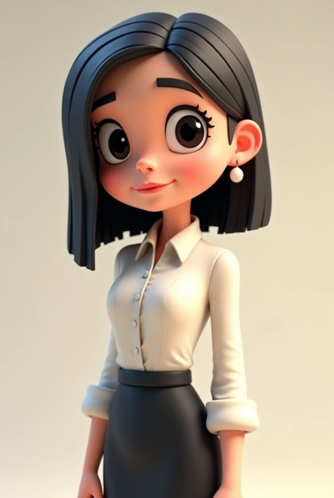 3d cartoon of a woman, short, straight and black hair, black eyes, looking forward wearing formal clothes