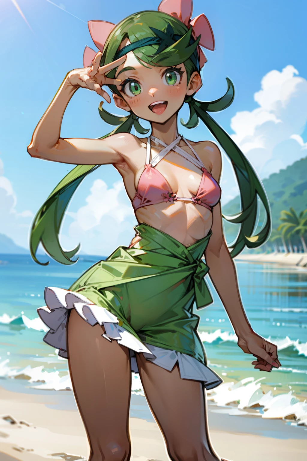 (Masterpiece), Best Quality, ultra-detailed, 1girl (zodiac_mallow, lovely small breasts, dark skin, green hair, long hair, twintails, green eyes), a bright face, smile, open mouth, solo, green parkas, pink frill bikini, outdoors, beach, standing, Sexy waist teasing