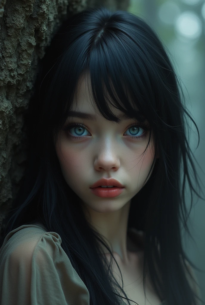 best qualityer, work of art, Bblack hair, blue colored eyes, looking up, trunk
