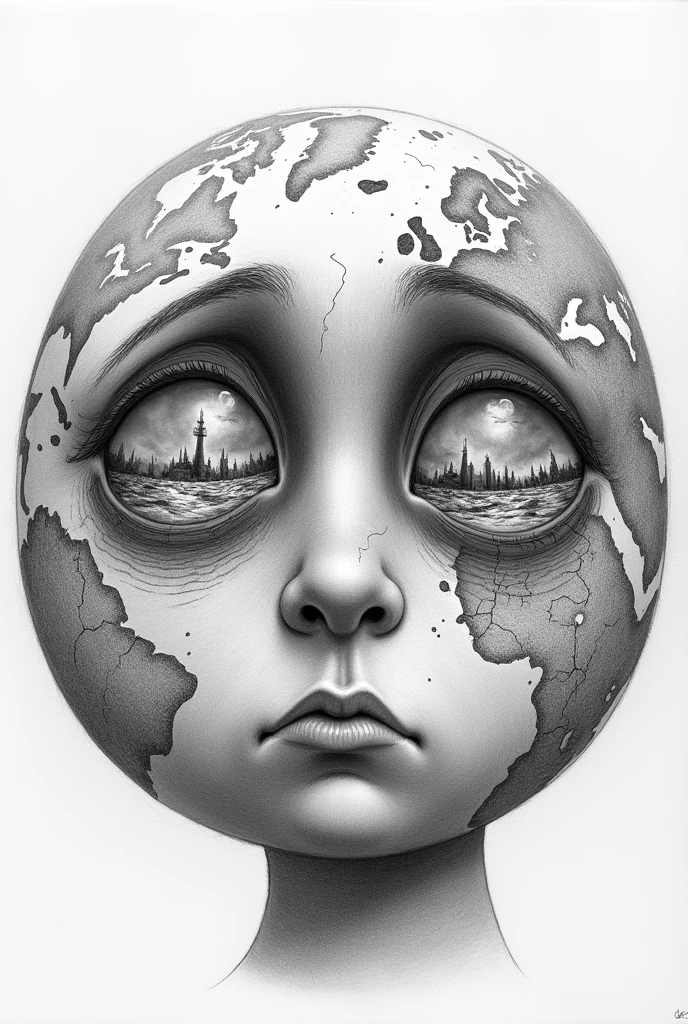 A detailed pencil drawing of planet Earth with large, expressive eyes filled with sadness. The eyes reflect various scenes of natural disasters such as wildfires, melting glaciers, and floods, symbolizing the impact of climate change. The Earth’s surface shows cracks and damage, with areas of pollution and destruction, while the eyes convey a deep sense of sorrow and despair, as if the planet is witnessing the consequences of human actions firsthand. The shading and line work are delicate, capturing the emotion and fragility of the scene.