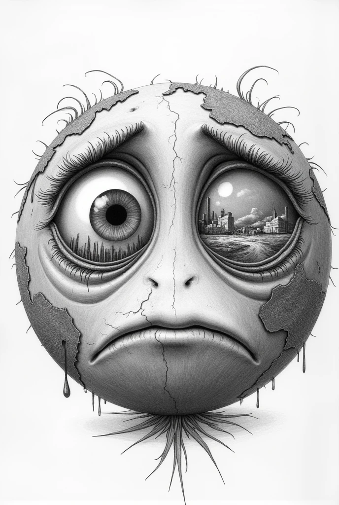 A detailed pencil drawing of planet Earth with large, expressive eyes filled with sadness. The eyes reflect various scenes of natural disasters such as wildfires, melting glaciers, and floods, symbolizing the impact of climate change. The Earth’s surface shows cracks and damage, with areas of pollution and destruction, while the eyes convey a deep sense of sorrow and despair, as if the planet is witnessing the consequences of human actions firsthand. The shading and line work are delicate, capturing the emotion and fragility of the scene.