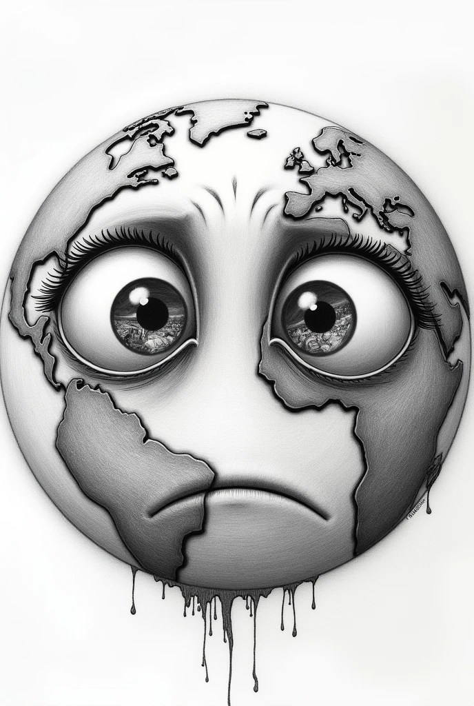 A detailed pencil drawing of planet Earth with large, expressive eyes filled with sadness. The eyes reflect various scenes of natural disasters such as wildfires, melting glaciers, and floods, symbolizing the impact of climate change. The Earth’s surface shows cracks and damage, with areas of pollution and destruction, while the eyes convey a deep sense of sorrow and despair, as if the planet is witnessing the consequences of human actions firsthand. The shading and line work are delicate, capturing the emotion and fragility of the scene.