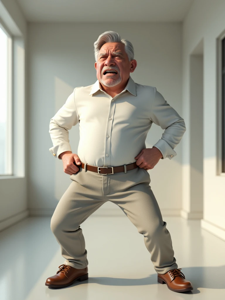 Persistent Flupa: A 3D render that shows a person struggling to fasten his pants due to a " ⬤ 9:16 ratio