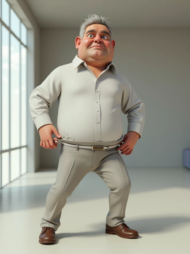 Persistent Flupa: A 3D render that shows a person struggling to fasten his pants due to a " ⬤ 9:16 ratio
