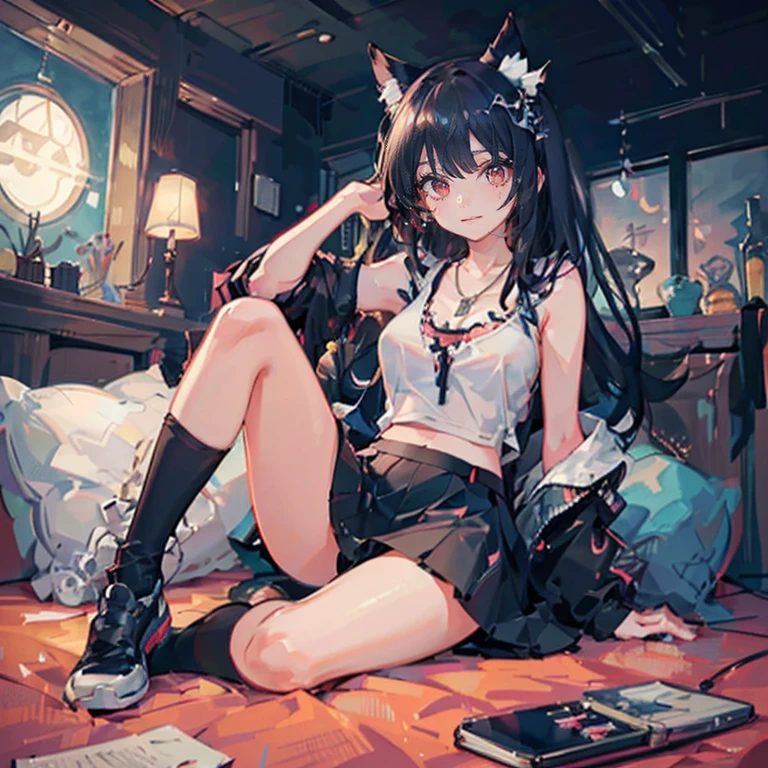 Anime Kawaii sexy Perfect Slim sensual body large breast and huge thighs, An intricate and highly detailed illustration of anime ( girl) Top view, flirtatious look, sweet smile, right hand arranging her hair, black hair, long, cat ears, silver eyes, defined body, SEX, athletic, casual clothes, sleeveless shirt, white, black skirt, dresser, sitting on the grass, Sunset, view of the town, Comfortable shoes, rattlesnake necklace , hair ornament, colorful, Hi-Def, ultra high quality, anime.