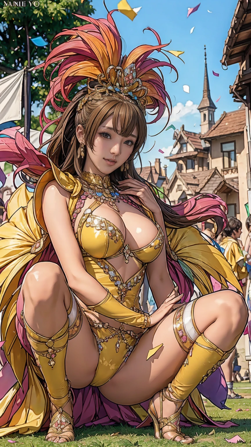 Highest quality, Official Art, masterpiece, Fabric Shading, High resolution, Very detailed, colorful, Best details, Fantasy, High leg samba micro costume:1.5, Yuki Mori:1.5, 1 female, Age 25, Brown Hair, short hair, Twin tails,Naturally flowing bangs, Puffy nipples, {{{{{Dancing vigorously in the parade:1.9}}}}}, A castle town with an old castle view, sunny, Large Breasts, skinny, Surrounded by a bunch of male photographers:1.9, Confetti falling, Blessed, welcome:1.5, Camel Toe:1.7, Ground level shot, squatting, spread legs, oda non,