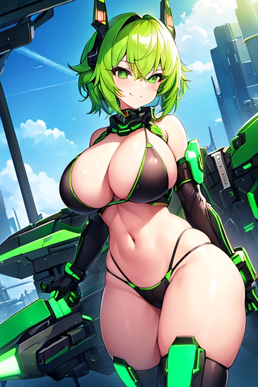 1girl, large breasts, breasts, wide hips, green hair, highleg bikini, bikini, black bikini, smirk, smile, machinery, futuristic, science-fiction, tech, neon trim, short hair, ((head-mounted device)), ((covered eyes)), vr visors