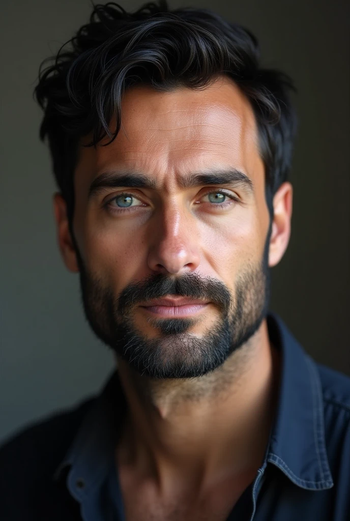 mature man with black hair and beard and blue eyes