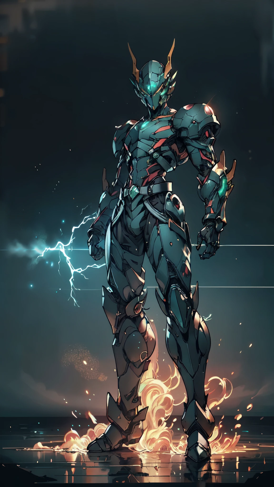 (masterpiece:1.5, best quality:1.5, extremely delicate:1.5), a man wearing a full-face helmet, a fantasy-style biotech armored combat suit, green eyes, (a composite layered chest armor), fully enclosed shoulder guards, matching arm and leg guards, belt of Neon circuit, (the color scheme is primarily blue with red and black accents), the design balances heavy with agility, a high-tech bio-mecha armor, (Armor Concept Inspired by neon Cyberpunk, stand on the top of a skyscraper in a futuristic sci-fi city), this character embodies a finely crafted fantasy-surreal style armored hero in anime style, exquisite and mature manga art style, (element, plasma, energy, the armor glows), ((male:1.5)), metallic, high definition, highres, ultra-detailed, ultra-fine painting, professional, perfect body proportions, golden ratio, anatomically correct, symmetrical face, extremely detailed eyes and face, high quality eyes, creativity, RAW photo, UHD, 32k, Natural light, cinematic lighting, masterpiece-anatomy-perfect