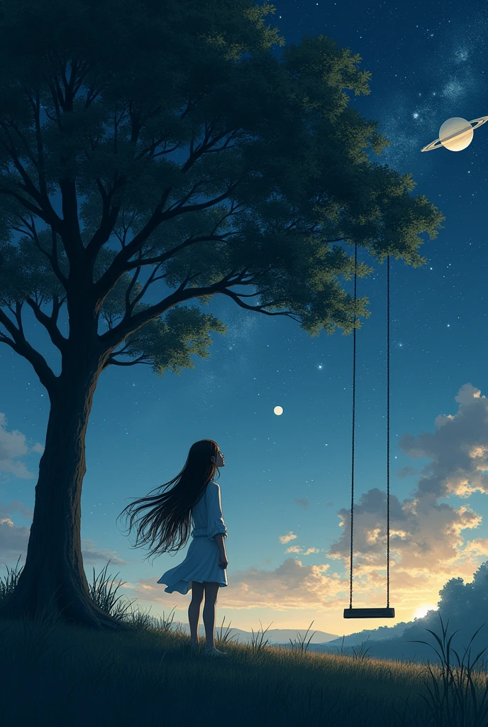 An image in the field at night, a woman with long brown hair from behind under a tree that has a swing. It&#39;s night and you can see the stars in the sky, the moon and the rings of saturn and the planet saturn
