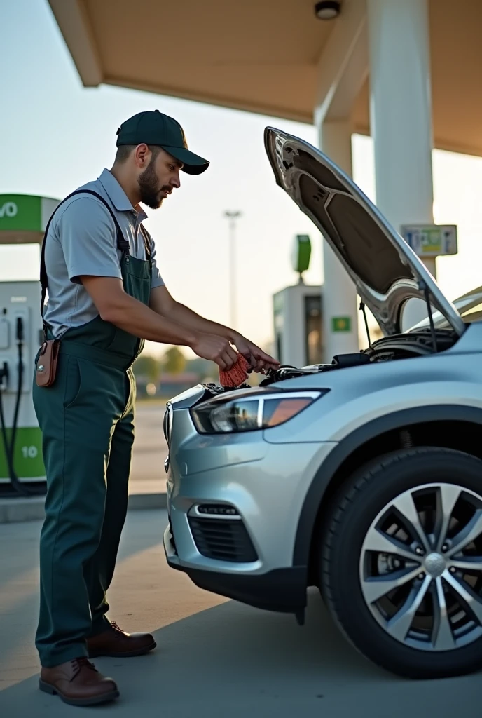 A fuel station worker in a cap and uniform examines the engine of a car near a gas pump. The car’s hood is partially open, and the attendant is inspecting it with a cloth in hand. The setting is a modern gas station on a sunny day.