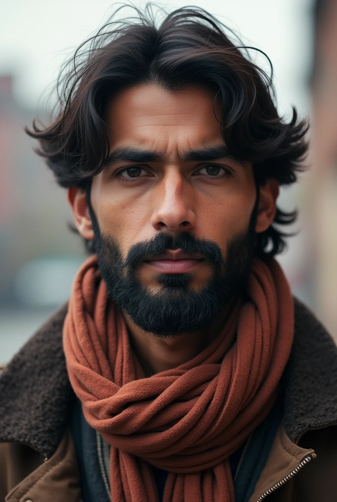 Arafed image of a man with a scarf and a jacket.,indian brown looking portrait,1man, RAW photo, editorial photograph, film stock photograph, analog, raw, f2, 35mm, an (amateur photo), taken on an old camera, (high quality, best quality:1.3)