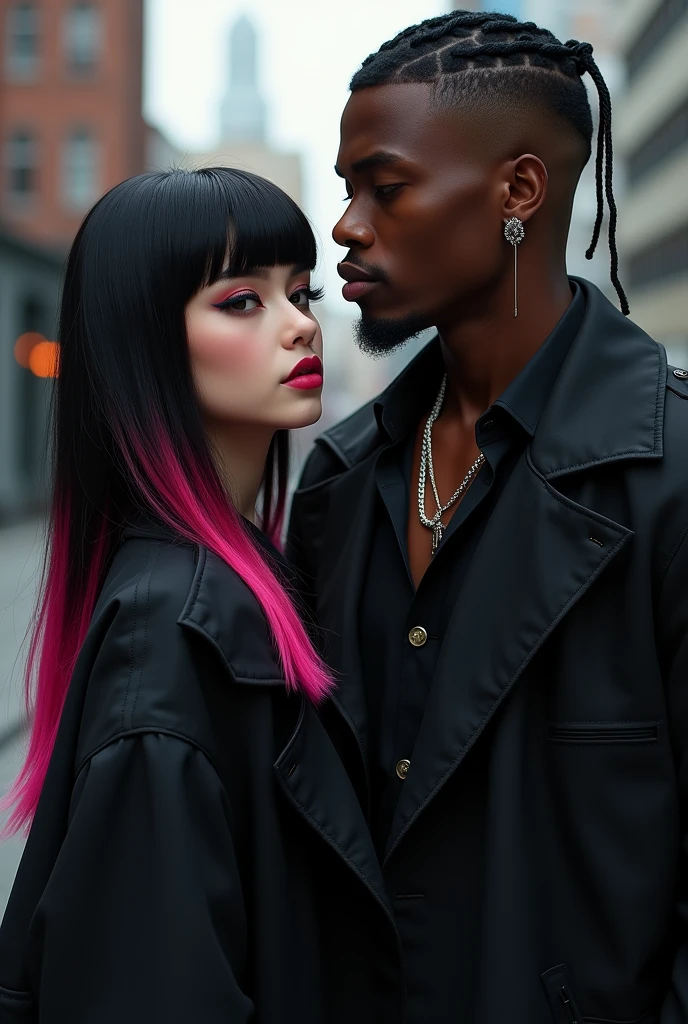 e-girl with a black coat, straight hair with a few strands of hair dyed a little pink, a little towards red, with the rest of her hair black, a little of that color on the bangs, and a dark-skinned man with short hair shaved on the side, with a thick cord, with a black blouse